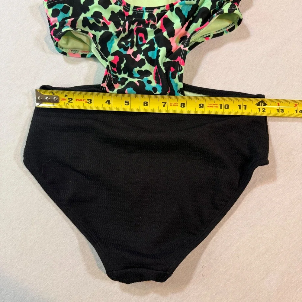 Art Class One Piece Swimsuit Kids L 10/12 Black Neon Leopard Cutout 90s Inspired